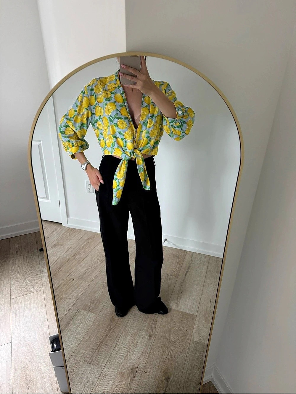Zara Lemon Print Tie-Front Blouse in Yellow & Blue Size Small